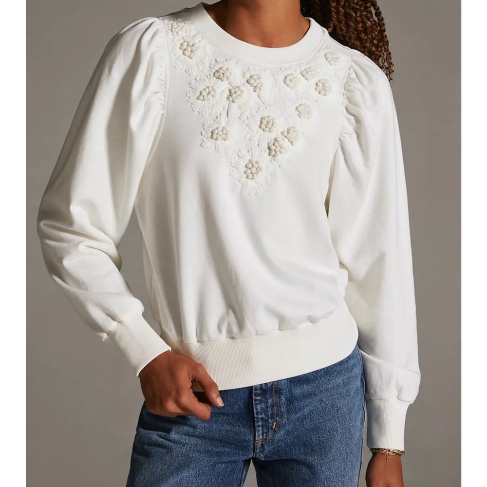 Anthropologie Embroidered Sweatshirt-Ivory-Size Small